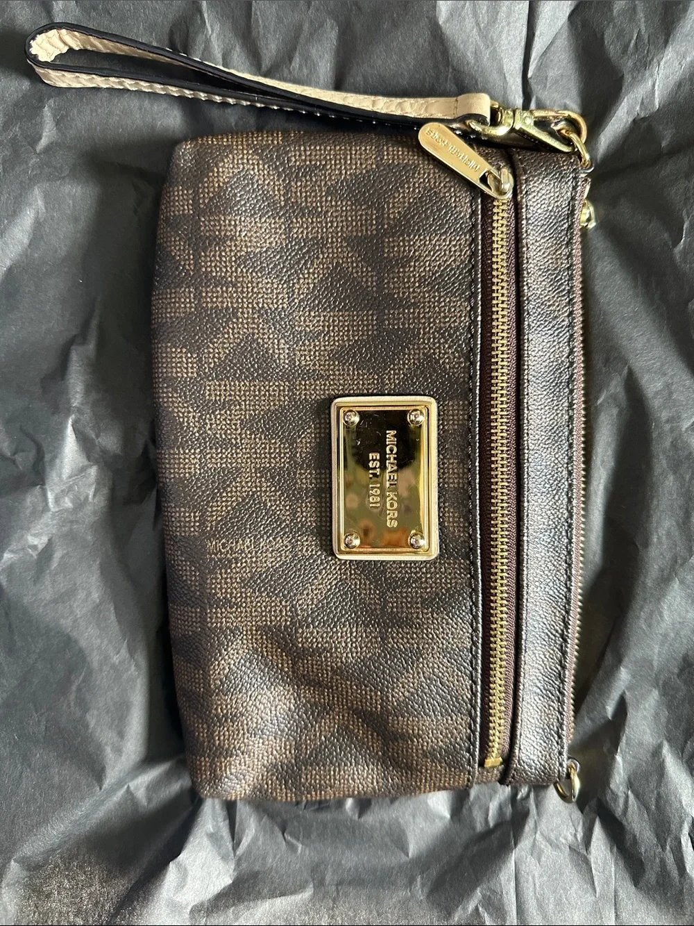 Michael Kors Brown and Gold Signature Wristlet Clutch
